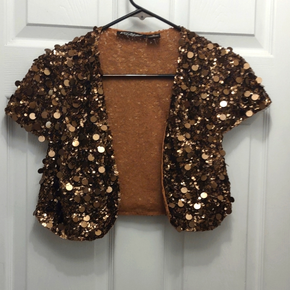 Y2K Betsey Johnson Sequin Embellished Bolero M Cropped Bronze Shrug